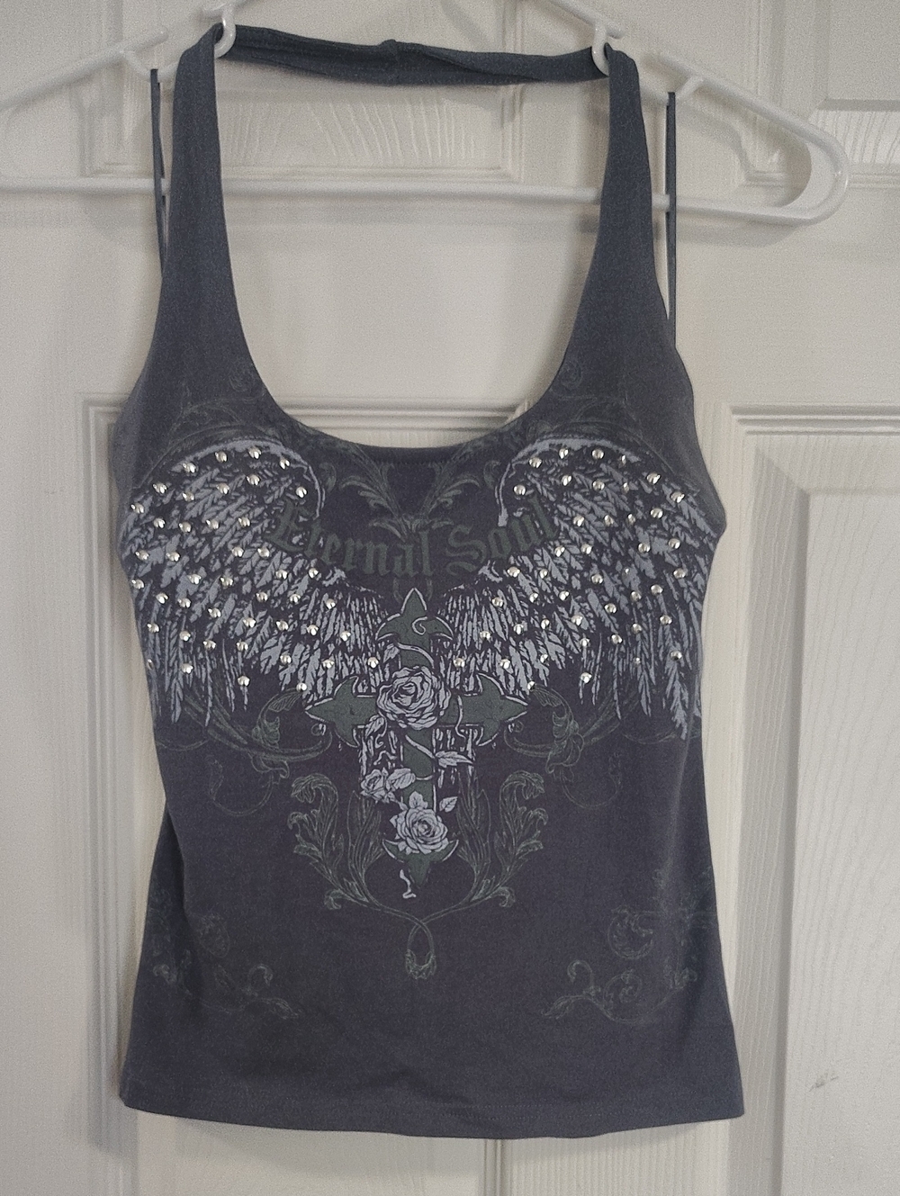 Women’s Small Grey Graphic Halter Top with Studded Wings & Cross, Gothic, Biker